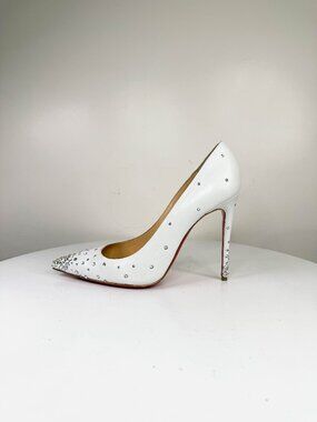 Louboutin Degrastrass white leather heels with crystals